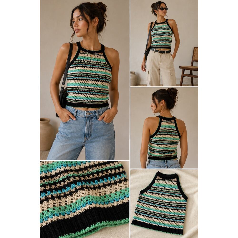 NWT Rachel Zoe Crochet Halter Top L Festival Coastal Cowgirl Y2K Retro Stripe